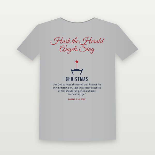 Hark the Herald Angels Sing Christmas Christian Short Sleeve Tee with John 3:16 (Holiday Script) - Heather Gray