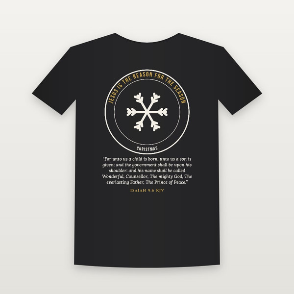 Jesus Is the Reason for the Season Christmas Christian Short Sleeve Tee with Isaiah 9:6 (Emblem Badge) - Black