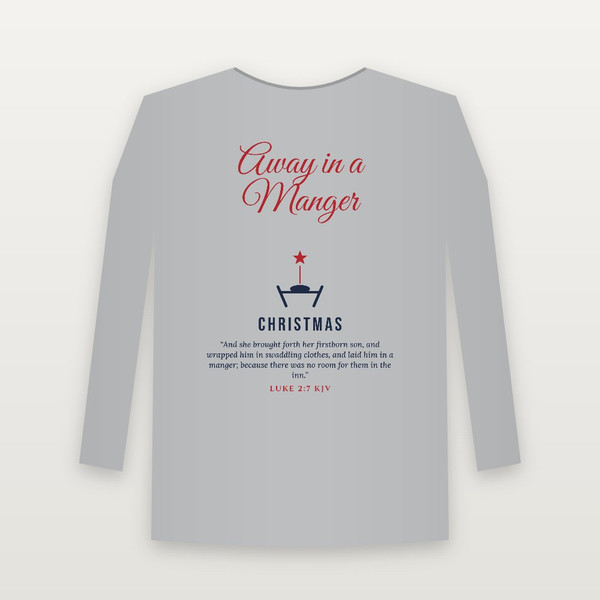 Away in a Manger Christmas Christian Long Sleeve Tee with Luke 2:7 (Holiday Script) - Heather Gray