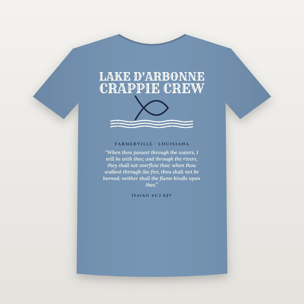 Lake D'Arbonne Crappie Crew T-Shirt with Isaiah 43:2 (Fish & Waves) - Heather Blue