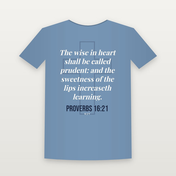 Proverbs 16:21 KJV Christian Short Sleeve Tee (Cross) - Heather Blue