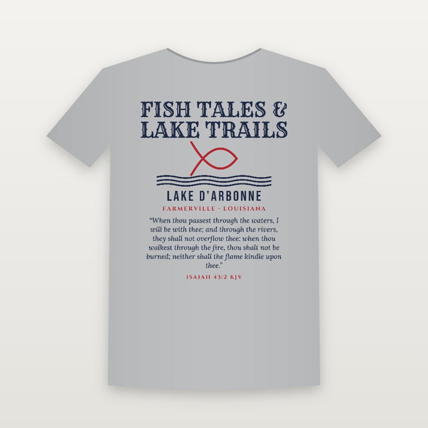 Fish Tales & Lake Trails Lake D'Arbonne Short Sleeve Tee with Isaiah 43:2 (Fish & Waves) - Heather Gray