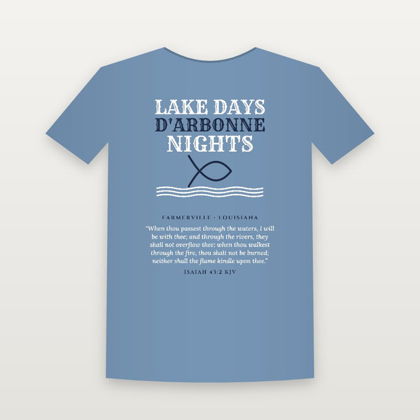 Lake Days · D'Arbonne Nights Short Sleeve Tee with Isaiah 43:2 (Fish & Waves) - Heather Blue