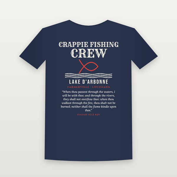 Crappie Fishing Crew Lake D'Arbonne Short Sleeve Tee with Isaiah 43:2 (Fish & Waves) - Navy
