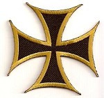 Flat-lay product photo of the Iron Cross Patch with Bronze Outline embroidered iron-on biker patch, showing full color detail, lettering, and stitching, sold at Forever And Always Online.