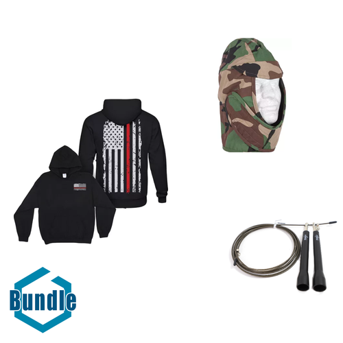 Fitness & Cold Weather Gear Bundle: Vintage Hoodie, Woodland Camo Helmet Liner, and High Speed Jump Rope