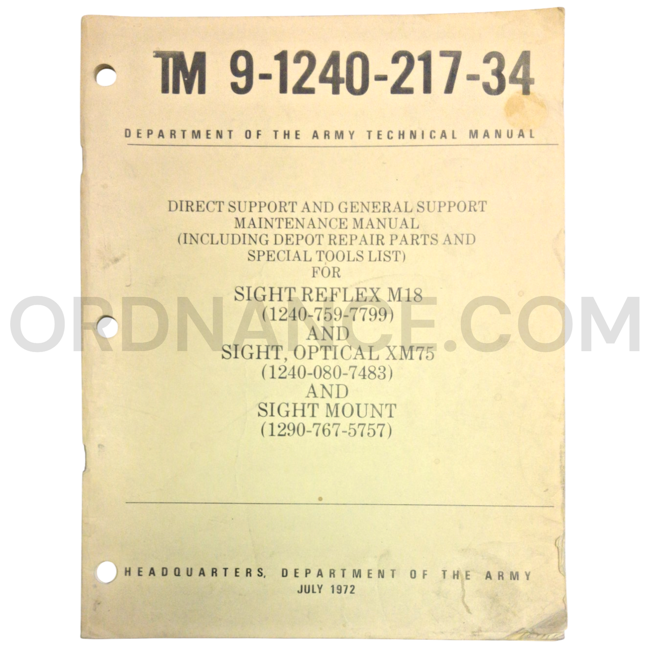 Technical Manual (TM 9-1240-217-34) for M18 Reflex Sight, XM75