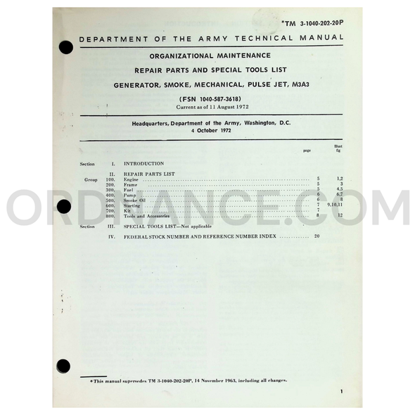 TM 3-1040-202-20P Generator, Smoke, Mechanical, Pulse Jet, M3A3 Organizational Maintenance Repair Parts & Special Tools List Technical Manual Dated: 1972