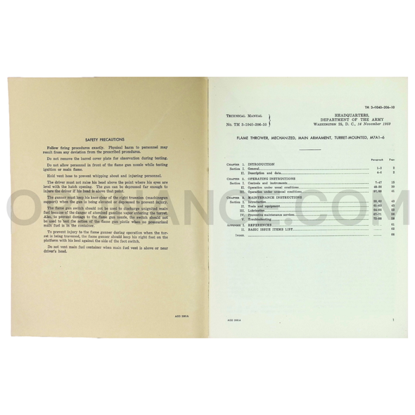 TM 3-1040-206-10 Flame Thrower Mechanized, Main Armament Turret-Mounted, M7A1-6 Operator's Manual Dated: 1959