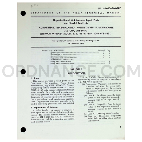 TM 3-1040-244-20P Compressor, Reciprocating, Power-Driven, Flame Thrower 3-1/2 CFM, AN-M4/C (FSN 1040-078-5431) Technical Manual Dated: 1965