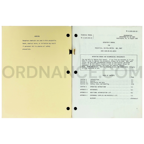 TM 3-1320-242-10 for 155mm, M687, GB2 Projectile (NSN 1320-00-431-6249) Technical Manual Dated: 1987