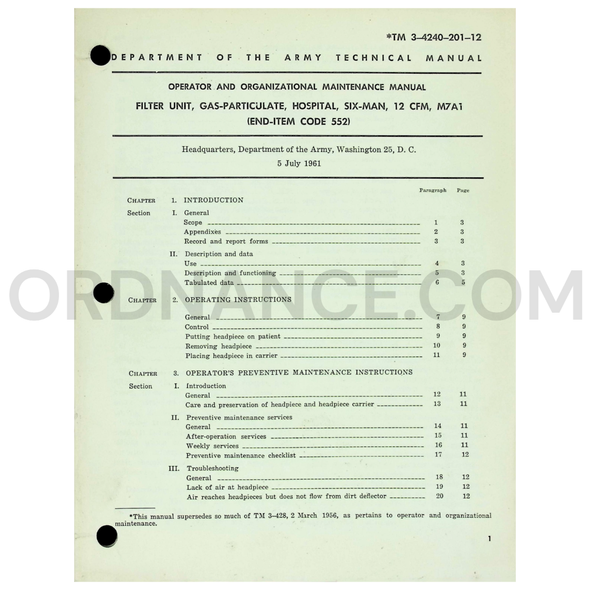 Technical Manual (TM 3-4240-201-12) for M7A1 12 CFM Six-Man Gas-Particulate Filter Unit July 1961