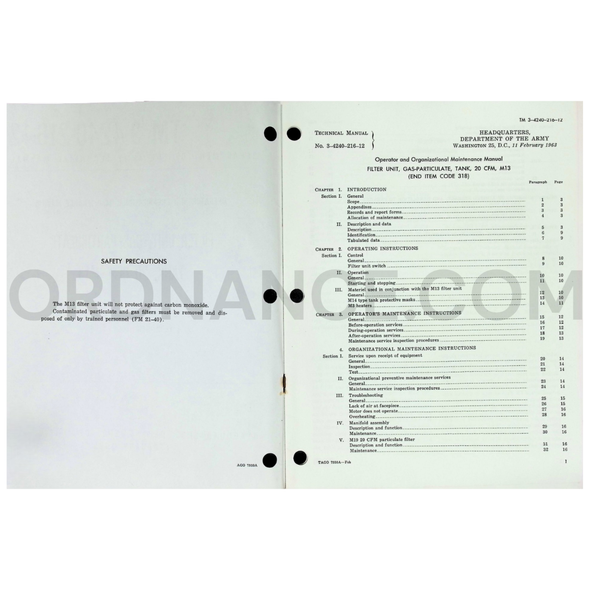 Technical Manual (TM 3-4240-216-12) for M13 20CFM Tank Gas-Particulate Filter Unit February 1963