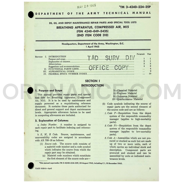 Technical Manual (TM 3-4240-224-35P) for M15 Compressed Air Breathing Apparatus April 1965 FSN 4240-049-5435