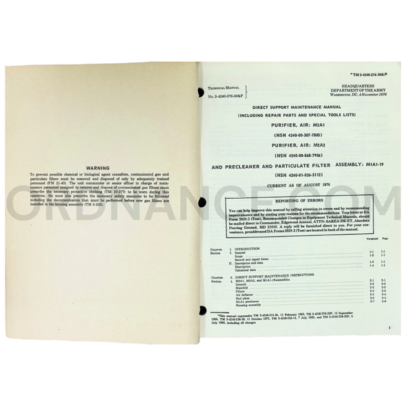 Technical Manual (TM 3-4240-276-30&P) for M2A2 Air Purifier & M1A1-19 Particulate Filter November 1976 NSN 4240-00-868-7906 & NSN 4240-01-026-3112
