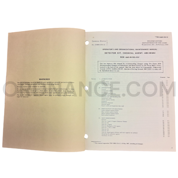 Technical Manual (TM 3-6665-254-12) for ABC-M18A2 Chemical Agent Detector Kit February 1976 NSN 6665-00-903-4767