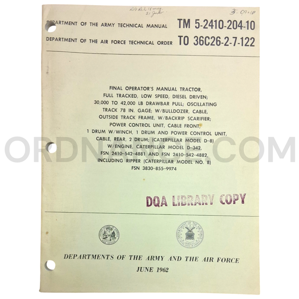 Technical Manual (TM 5-2410-204-10) for Caterpillar Model D-8 Tractor June 1962 FSN 2410-542-4881