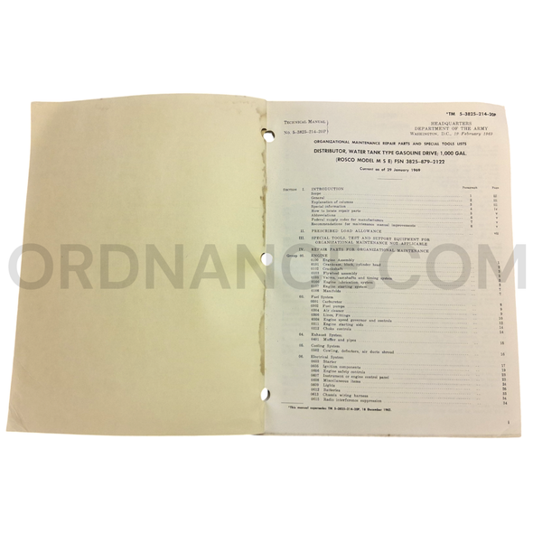 Technical Manual (TM 5-3825-214-20P) for Rosco Model M S E Water Tank Distributor February 1969 FSN 3825-879-2122