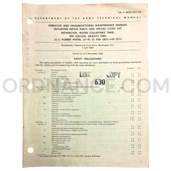 Technical Manual (TM 5-3825-217-12) for U.S. Rubber Model CE-9C-2 Water Distributor April 1969 FSN 3825-542-2173