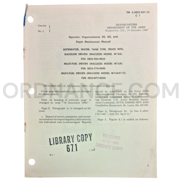 Technical Manual Change 1 (TM 5-3825-221-15) for Macleod Model W15A Truck Mounted Water Tank September 1968 FSN 3825-954-9033
