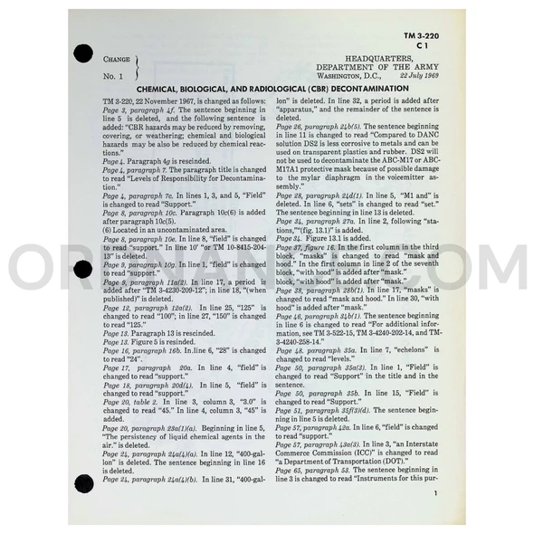 Technical Manual Change 1 (TM 3-220) for Chemical, Biological, and Radiological (CBR) Decontamination July 1969
