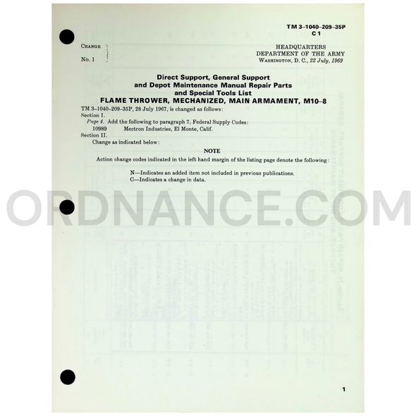 Technical Manual Change 1 (TM 3-1040-209-35P) for M10-8 Mechanized Flame Thrower July 1969
