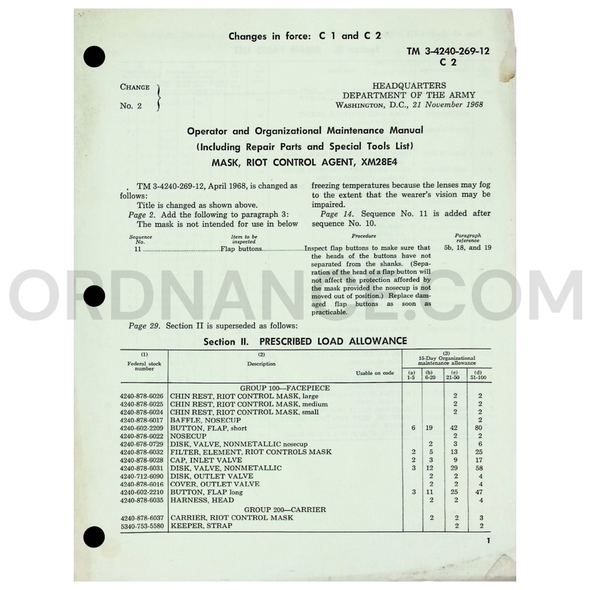 Technical Manual Change 2 (TM 3-4240-269-12) for XM28E4 Riot Control Agent Mask November 1968