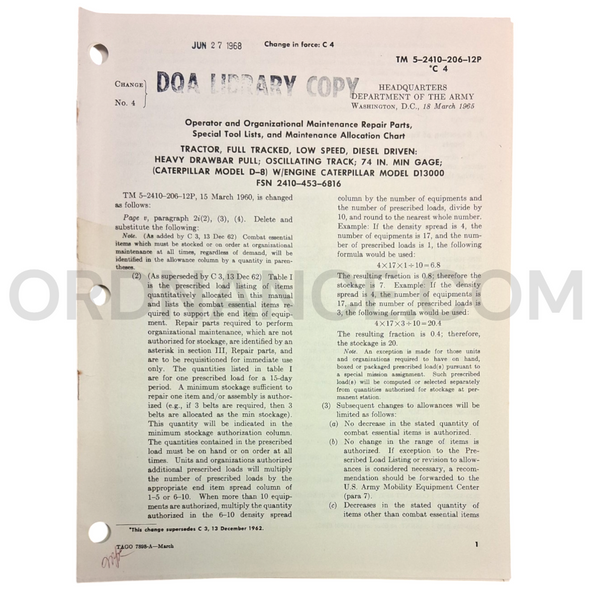 Technical Manual Change 4 (TM 5-2410-206-12P) for Caterpillar Model D-8 Tractor March 1965 FSN 2410-453-6816