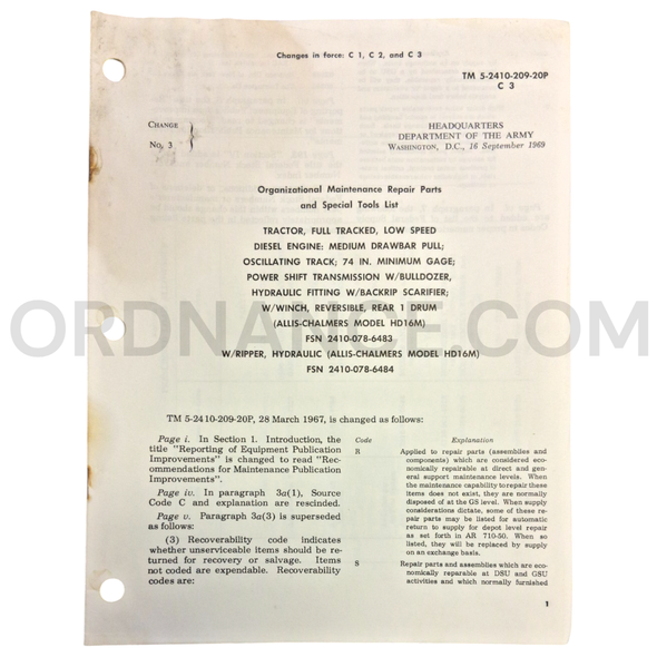 Technical Manual Change 3 (TM 5-2410-209-20P) for Allis-Chalmers Model HD16M Tractor September 1969  FSN 2410-078-6483