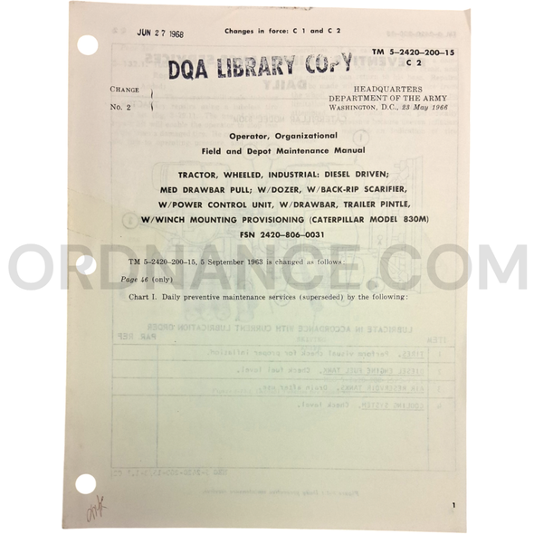 Technical Manual Change 2 (TM 5-2420-200-15) for Caterpillar Model 830M Tractor May 1966 FSN 2420-806-0031