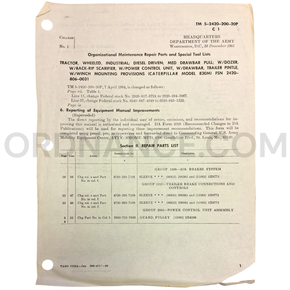 Technical Manual Change 1 (TM 5-2420-200-20P) for Caterpillar Model 830M Tractor December 1965 FSN 2420-806-0031