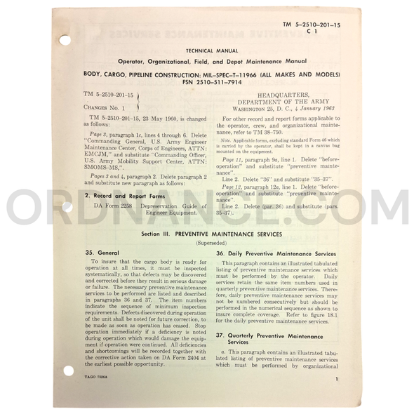 Technical Manual Change 1 (TM 5-2510-201-15) for Pipeline Construction Cargo Body January 1963 FSN 2510-511-7914