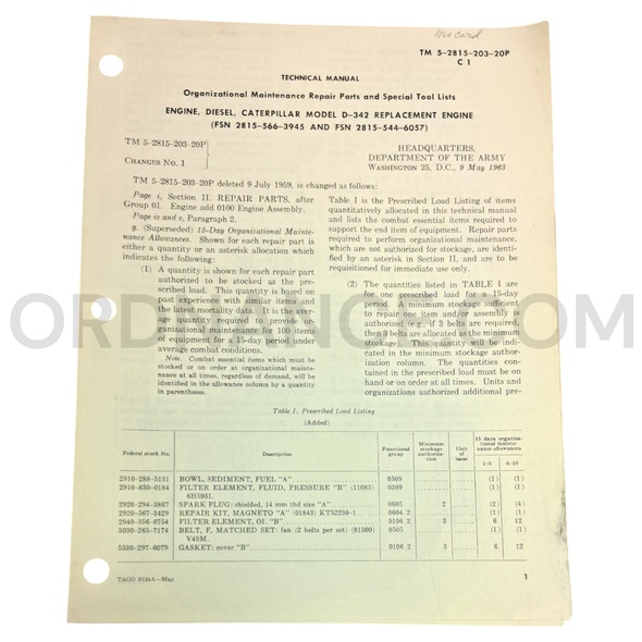 Technical Manual Change 1 (TM 5-2815-203-20P) for Caterpillar Model D-342 Replacement Engine May 1963 FSN 2815-566-3945