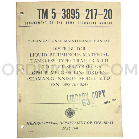 Technical Manual (TM 5-3895-217-20) for Seaman-Gunnison Model MTD Liquid Bituminous Distributor May 1961 FSN 3895-767-0247