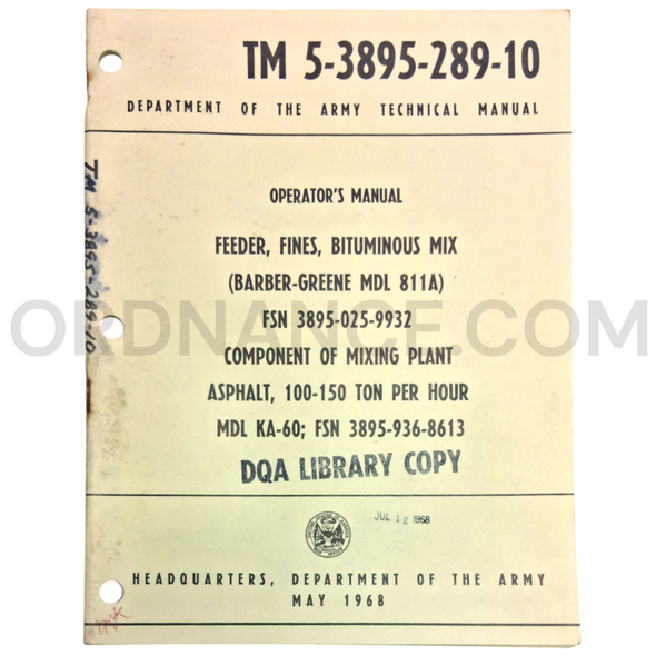 Technical Manual (TM 5-3895-289-10) for Barber-Greene Model 811A Fines Feeder May 1968 FSN 3895-025-9932