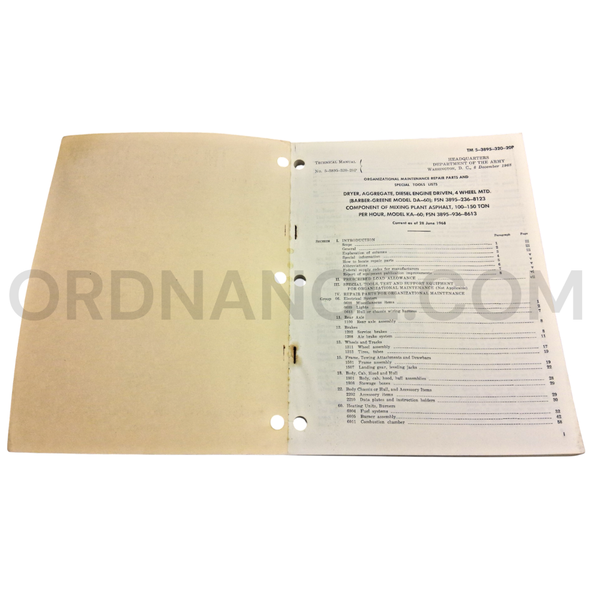 Technical Manual (TM 5-3895-320-20P) for Barber-Greene Model DA-60 Dryer December 1968 FSN 3895-236-8123