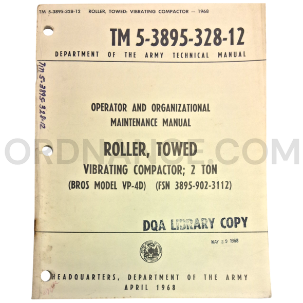 Technical Manual (TM 5-3895-328-12) for Bros Model VP-4D Vibrating Towed Roller April 1968 FSN 3895-902-3112