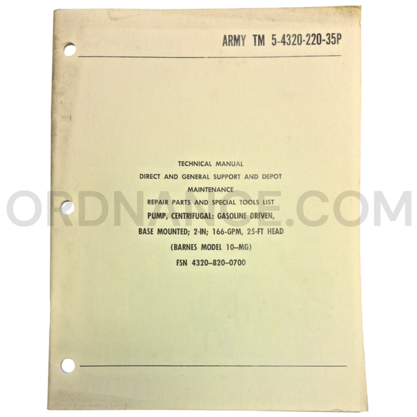 Technical Manual (TM 5-4320-220-35P) for Barnes Model 10-MG Centrifugal Pump December 1968 FSN 4320-820-0700