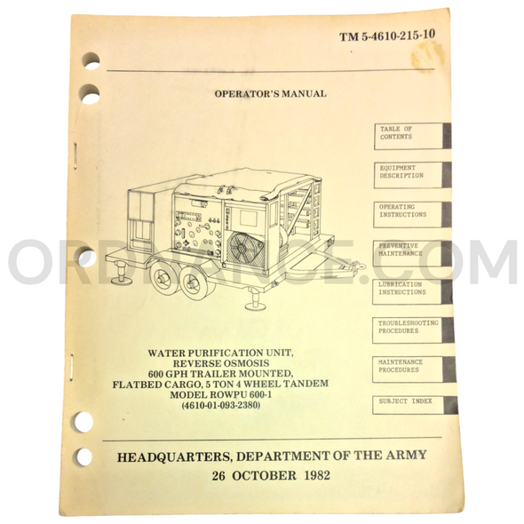 Technical Manual (TM 5-4610-215-10) for 600GPH Reverse Osmosis Water Purification Unit (ROWPU) October 1982 NSN 4610-01-093-2380