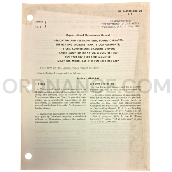 Technical Manual Change 1 (TM 5-4930-200-20) for Gray Model 251-325 Lubricating and Servicing Unit May 1969 FSN 4930-857-7160