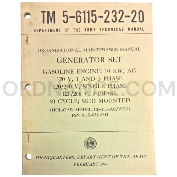 Technical Manual (TM 5-6115-232-20) for Hol-Gar Model CE-105-AC/WK8 Generator Set February 1961 FSN 6115-631-6811