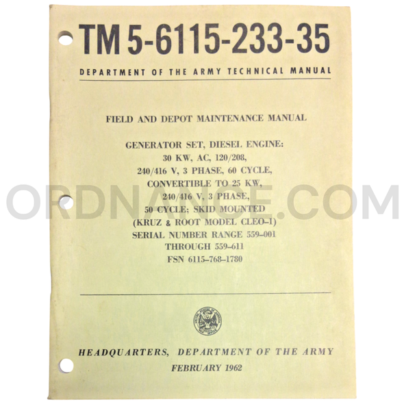 Technical Manual (TM 5-6115-233-35) for Kurz & Root Model CLEO-I Generator Set February 1962 FSN 6115-768-1780