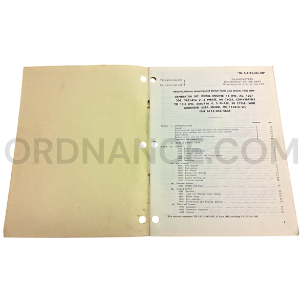 Technical Manual (TM 5-6115-241-20P) for Jeta Model MD-151815-W Generator Set July 1963 FSN 6115-653-5634