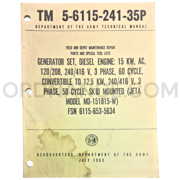 Technical Manual (TM 5-6115-241-35P) for Jeta Model MD-151815-W Generator Set July 1963 FSN 6115-653-5634