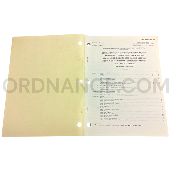 Technical Manual (TM 5-6115-244-20P) for Pacific Mercury Model PM59-010-1 Generator Set June 1969 FSN 6115-690-8290