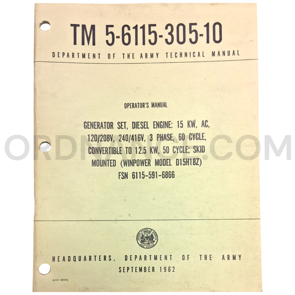 Technical Manual (TM 5-6115-305-10) for Winpower Model D15H18Z Generator Set September 1962 FSN 6115-591-6866