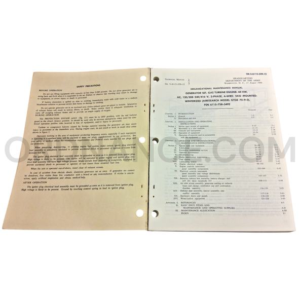 Technical Manual (TM 5-6115-339-12) for Airesearch Model GTGE 70-9-2 Generator Set August 1966 FSN 6115-758-5492