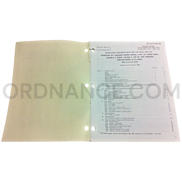 Technical Manual (TM 5-6115-340-20P) for Hol-Gar Model CE-57-400AC Generator Set May 1969 FSN 6115-077-8598