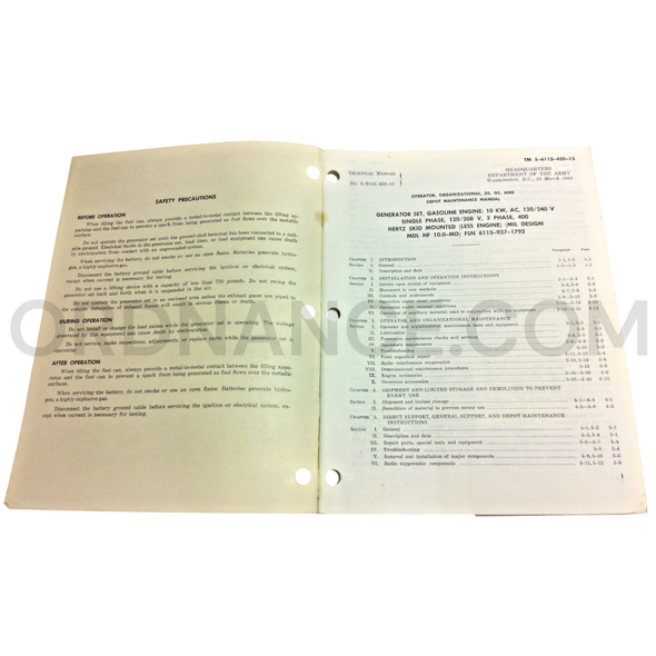 Technical Manual (TM 5-6115-450-15) for MS Model HF-10.0-MD Generator Set March 1968 FSN 6115-937-1793