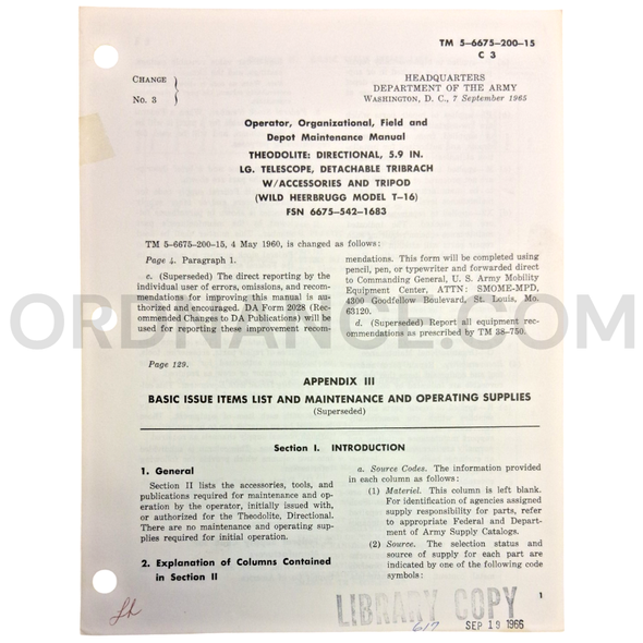 Technical Manual Change 3 (TM 5-6675-200-15) for Wild Heerbrugg Model T-16 Theodolite September 1965 FSN 6675-542-1683